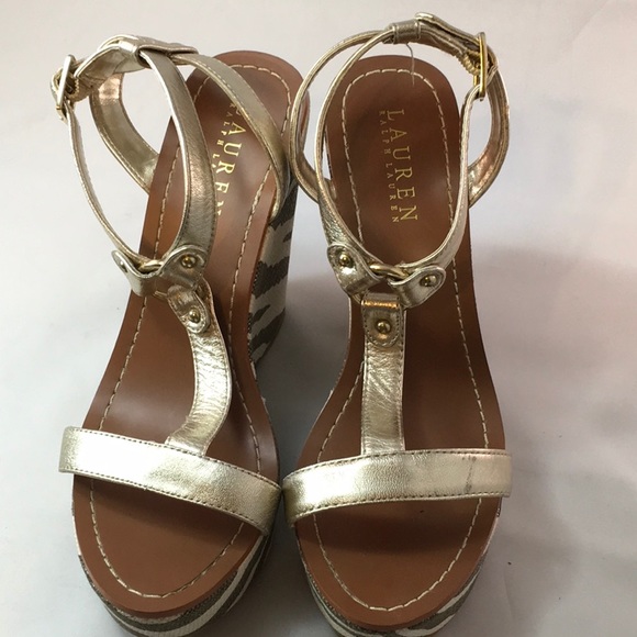Ralph Lauren Disha Zebra Print Wedge Gold Sandal - Picture 6 of 8